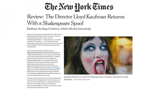 New York Times Review: The Director Lloyd Kaufman Returns With a Shakespeare Spoof
